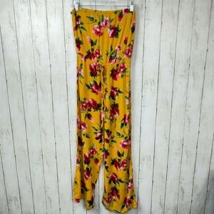 Ambiance Women's Yellow Floral Strapless Wide Leg Jumpsuit Size Large